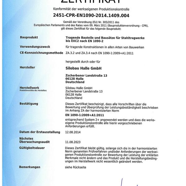 Zertifikat werkseigene Produktionskontrolle