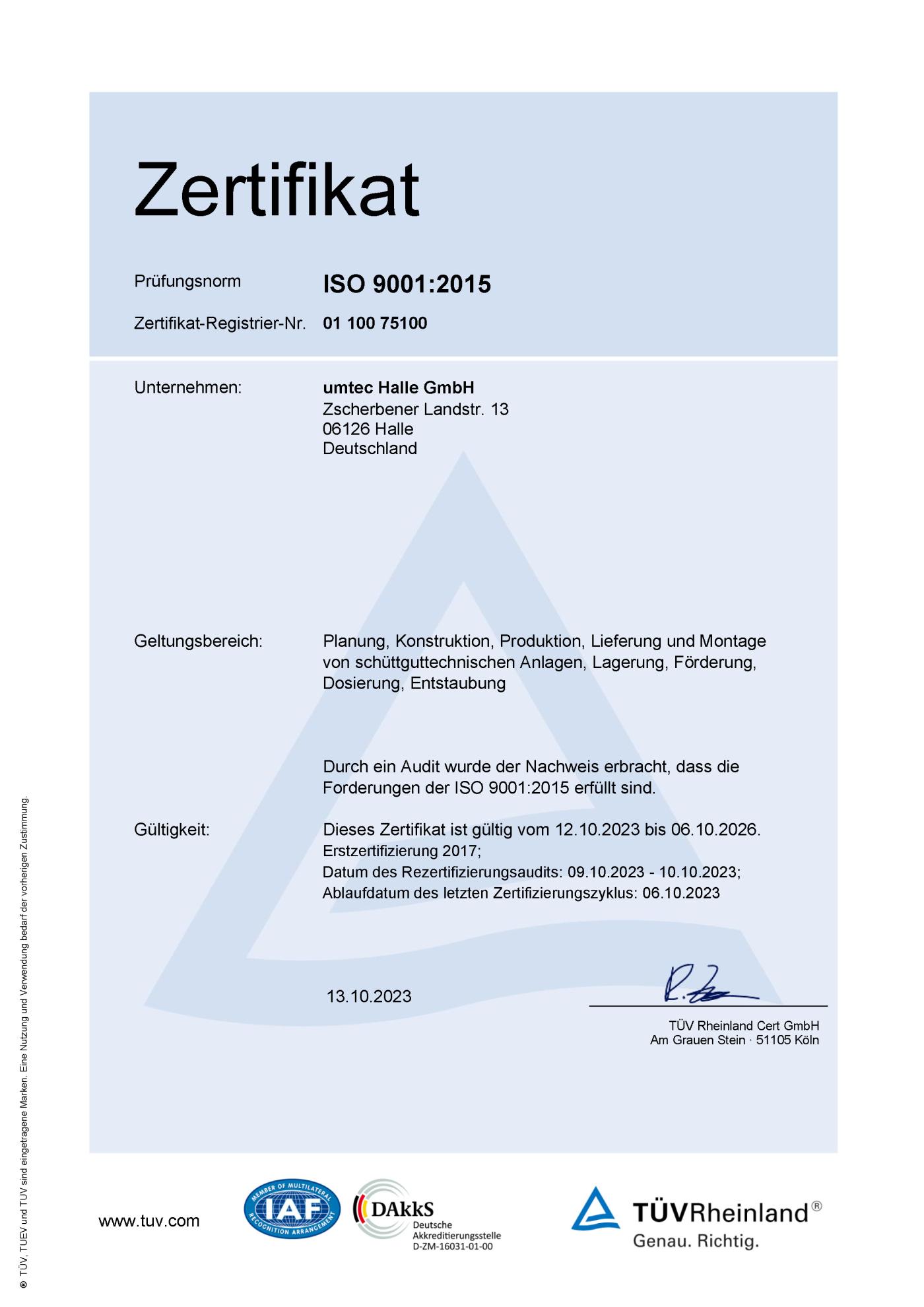 Iso9001-Zertifikat bis 2026